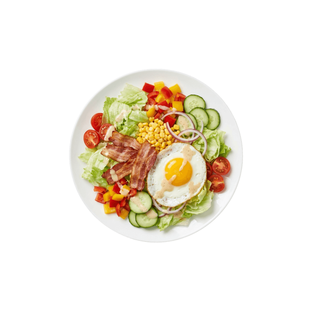 150 g Farmářský salát ( rajče, okurka, paprika, cibule , ledový salat, kukuřice, anglická slanina, sázené vejce, dresing)